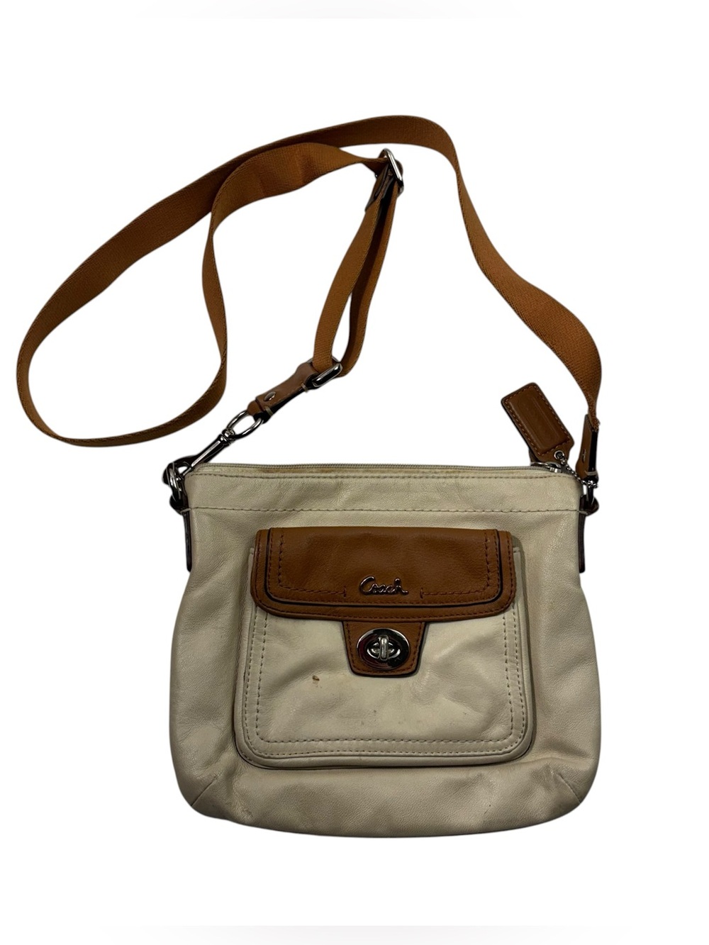 Coach Leather Pocket Swingpack Caramel Brown Tan Crossbody Purse Bag Designer